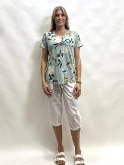 Linen V Neck Floral T-Shirt